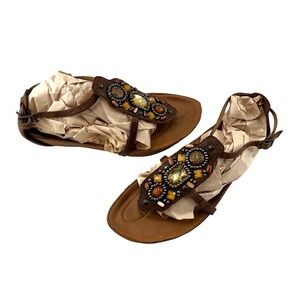 Kalso Earth Shoe Womens Leather Sandals Size 9.5 Beaded Embellishments